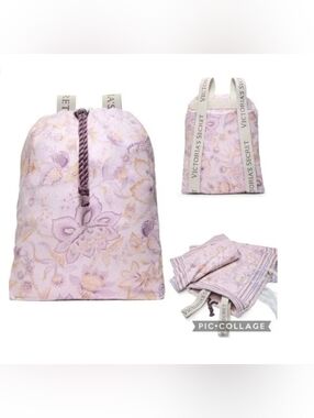 Victoria's Secret Lavender Floral Terry Drawstring Backpack Blanket Towel Beach